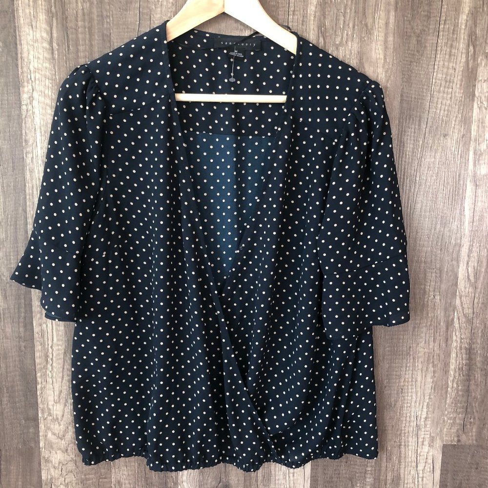 Sanctuary Navy Polka Dot Wrap Blouse with White Dots